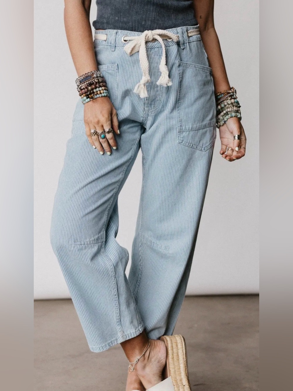 From Three Bird Nest Light Blue Striped Casual Drawstring Barrel Denim Pants